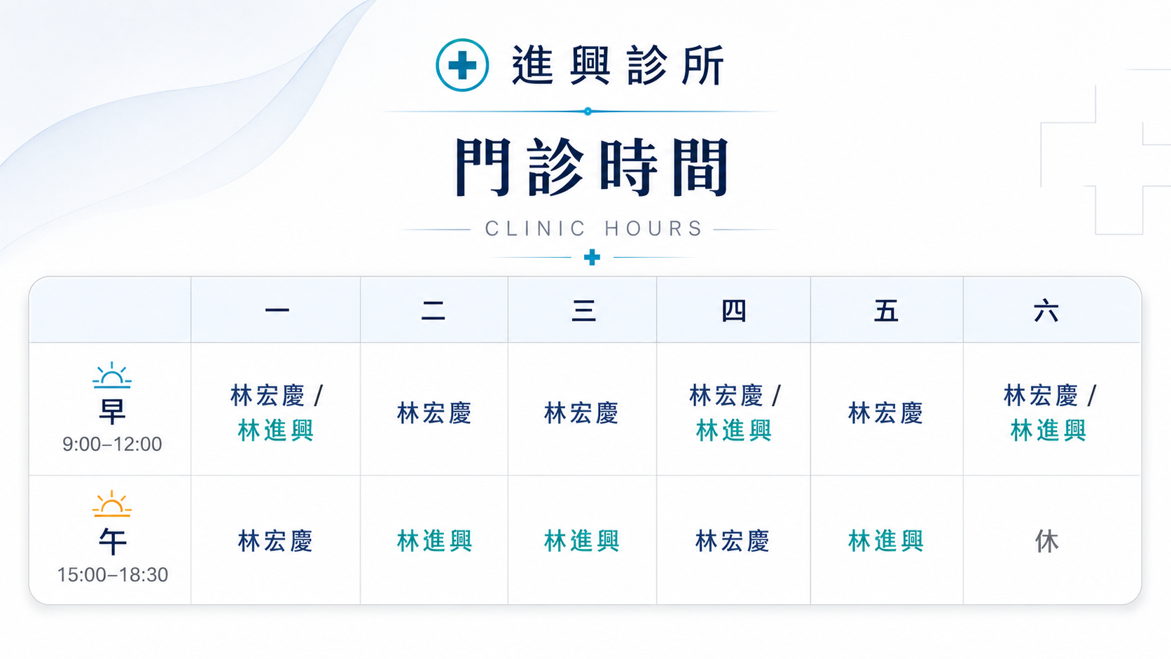 進興診所門診時間表:週一至週六,早診 9:00–12:00、午診 15:00–18:30,由林宏慶醫師與林進興醫師看診,週六午診休診